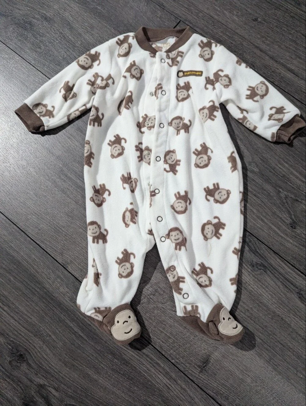 Carter's White and Brown Monkey Fleece Footed One-Piece